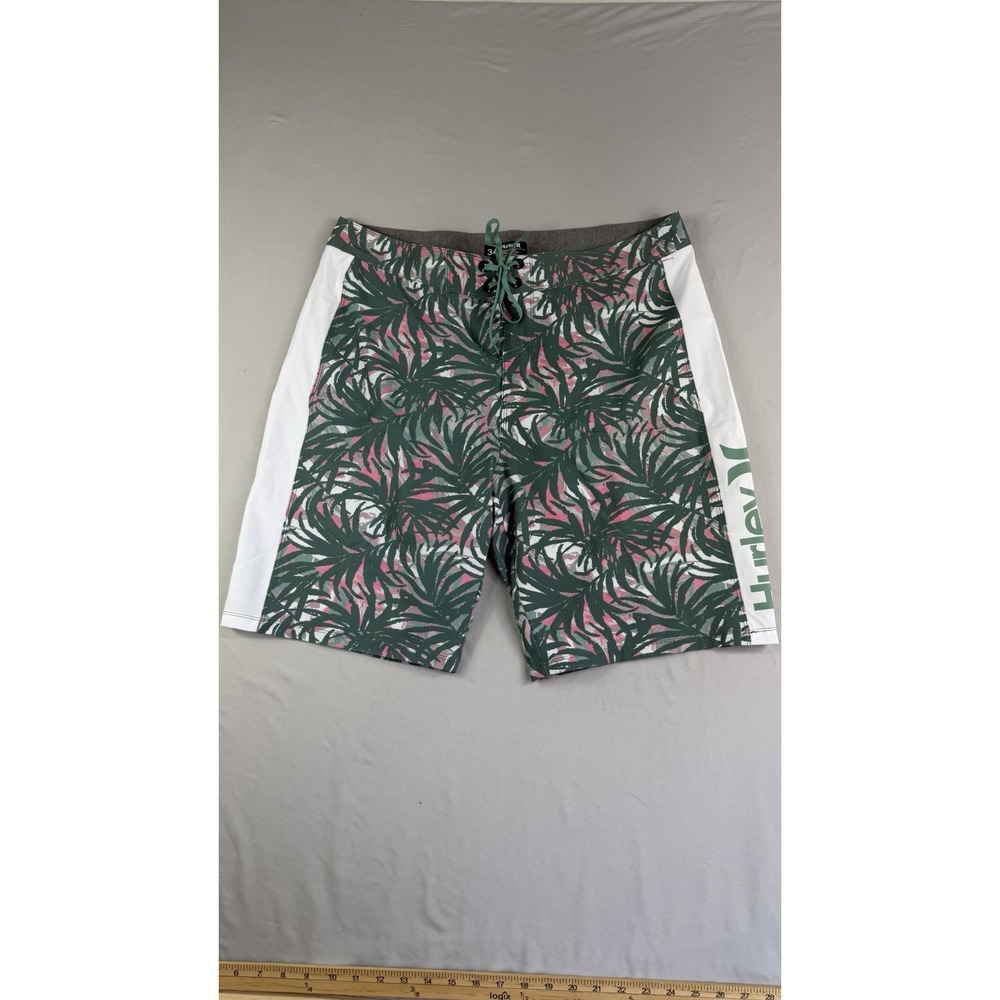 Hurley swim trunks, drawstring, green and pink leaf aop, Men's 34